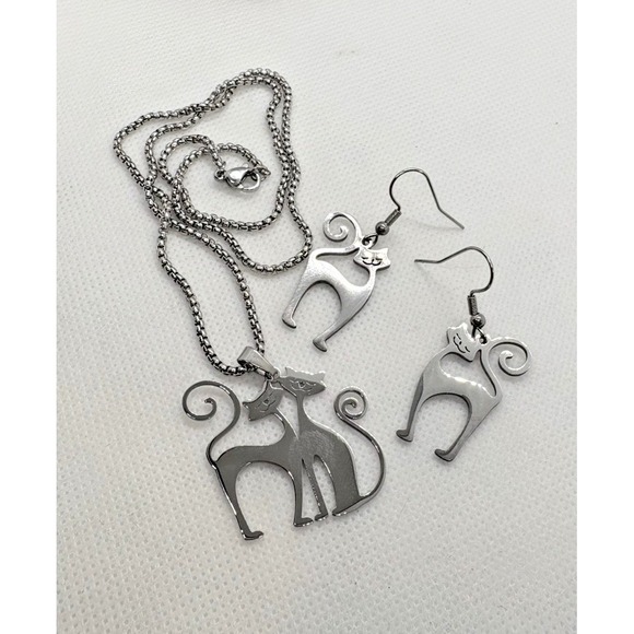 Stainless Steel Cat Necklace & Earrings Set Silver Tone 17.5" Chain Modern - Picture 3 of 9